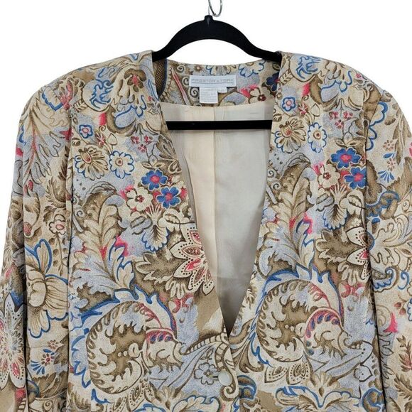 Vintage Preston & York Blazer 14 Cream Blue Paisley Single Breasted Mid Thigh - Picture 6 of 10
